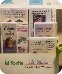 Close-up of Fortis La Femme pamphlet stand